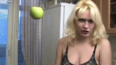 Naughty blonde Ksusha expresses her love for cognac and masturbation